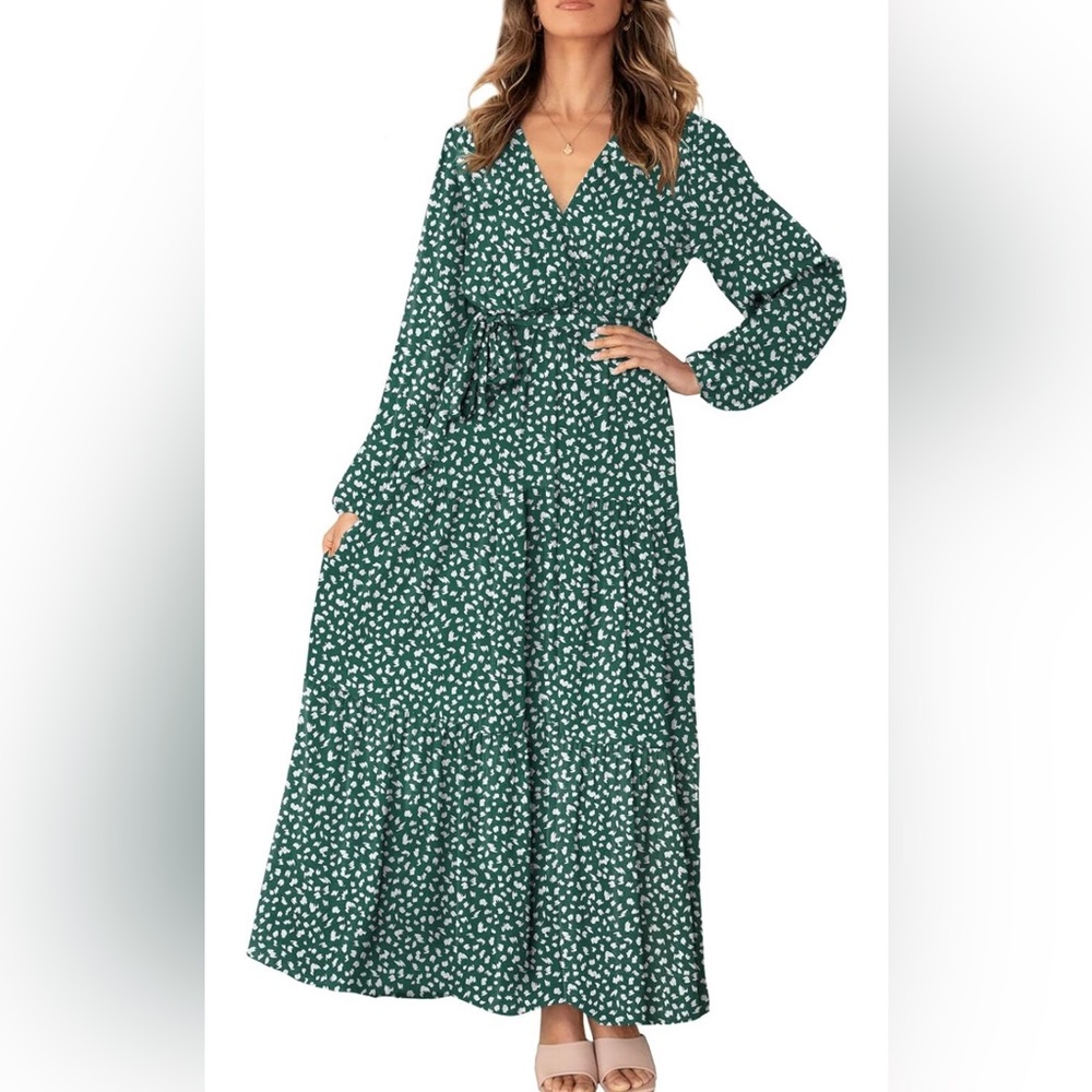 MITILLY Women's Boho Leopard Print Ruffle Long Sleeve V Neck Casual Maxi Dress